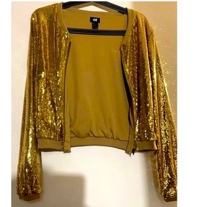 H&M Gold Sequin Bomber Jacket Size 12 L Glitter New Without Tags NWOT